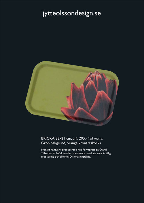 Bricka 33x21 cm grön bakgrund orange kronärtskocka